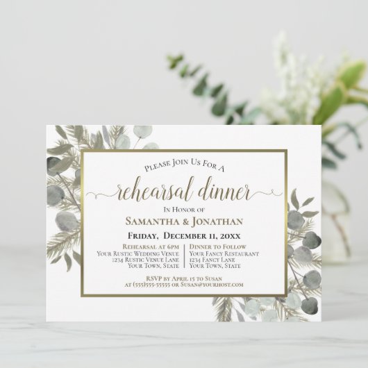 Rustieke Eucalyptus & Pine bruiloft repetitie dine Kaart (Staand voorkant)