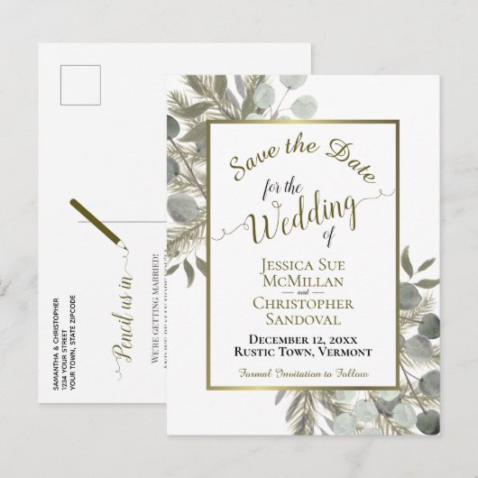 Rustieke Eucalyptus & Pine Bruiloft Save the Date Aankondigingskaart (Voorkant / Achterkant)