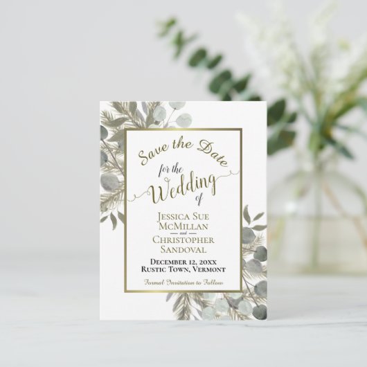 Rustieke Eucalyptus & Pine Bruiloft Save the Date Aankondigingskaart (Staand voorkant)