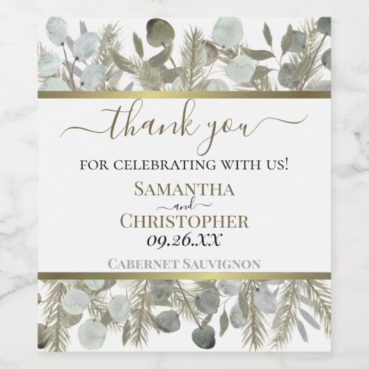 Rustieke Eucalyptus & Pine Dank u bruiloft Wijn Etiket (Enkel label)