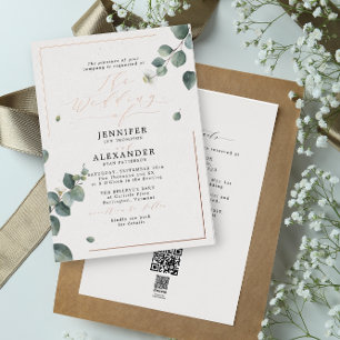Rustieke Eucalyptus & RSVP QR Code Trouwroos Folie Uitnodiging