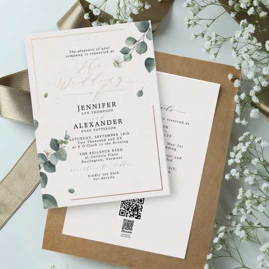 Rustieke Eucalyptus & RSVP QR Code Trouwroos Folie Uitnodiging