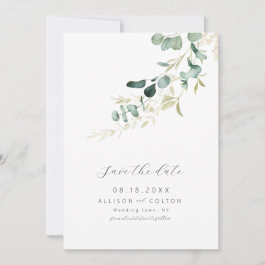Rustieke eucalyptus salie groen groen groen boho save the date (Voorkant)