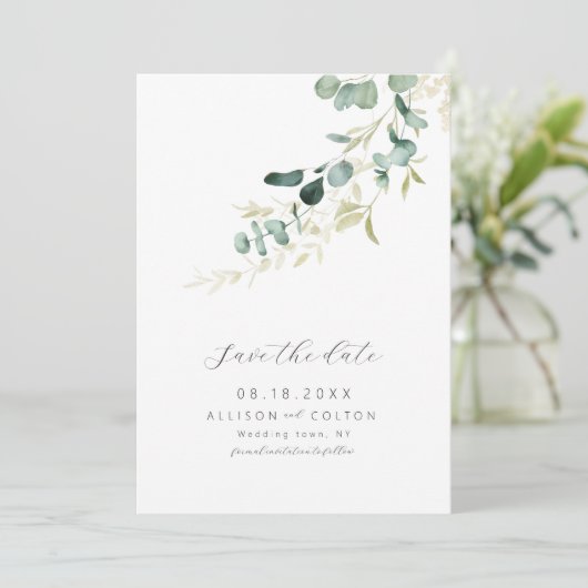Rustieke eucalyptus salie groene groen boho save the date (Staand voorkant)