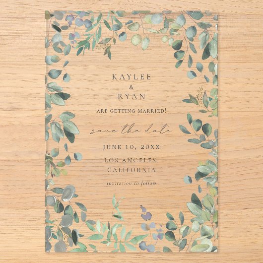 Rustieke Eucalyptus Save the Date Acryl Uitnodigingen (Voorkant)