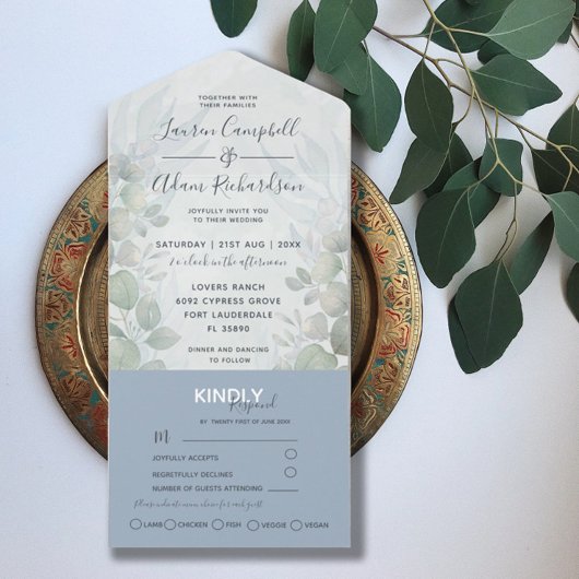 Rustieke Eucalyptus Stofblauw Waterverf Trouwfeest All In One Uitnodiging