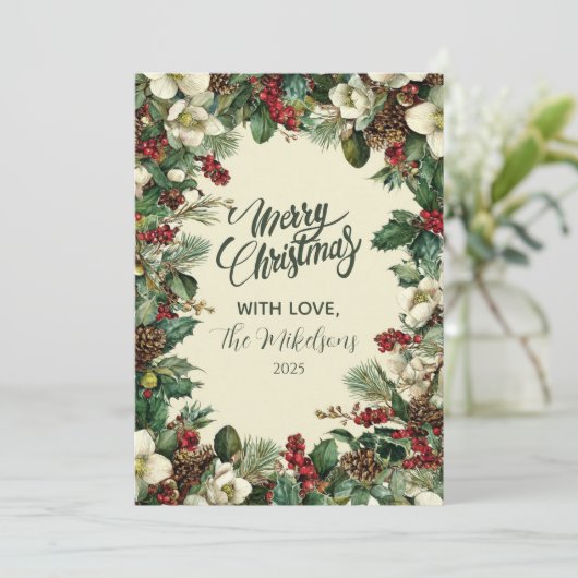 Rustieke Evergreen Berry Kerstmis Feestdagenkaart (Staand voorkant)