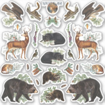 Rustieke Evergreen Pine Forest Dieren Sticker Shee