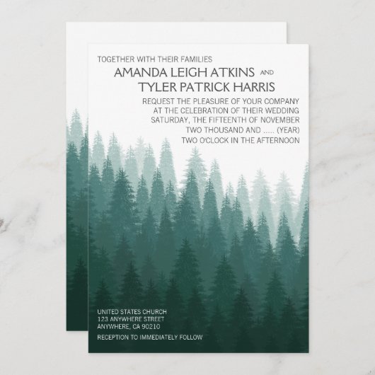 Rustieke Evergreen Pine Tree Wedding Uitnodigingen (Voorkant / Achterkant)