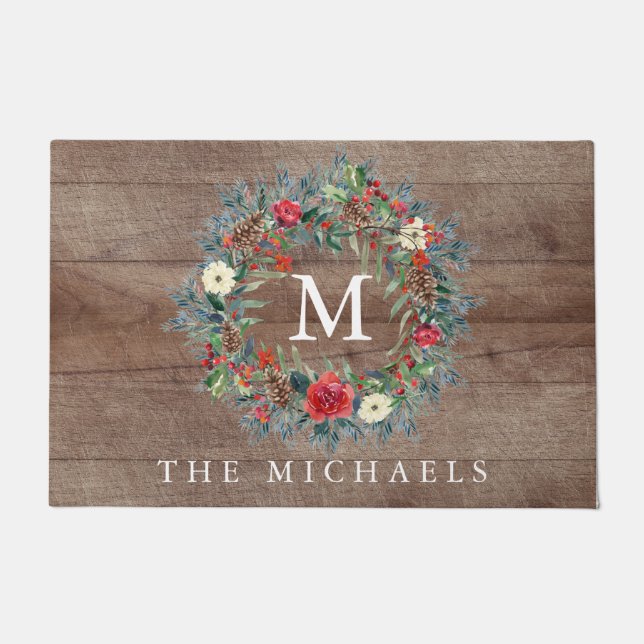 Rustieke Evergreen Wreath Kerstmis Deurmat (Voorkant)