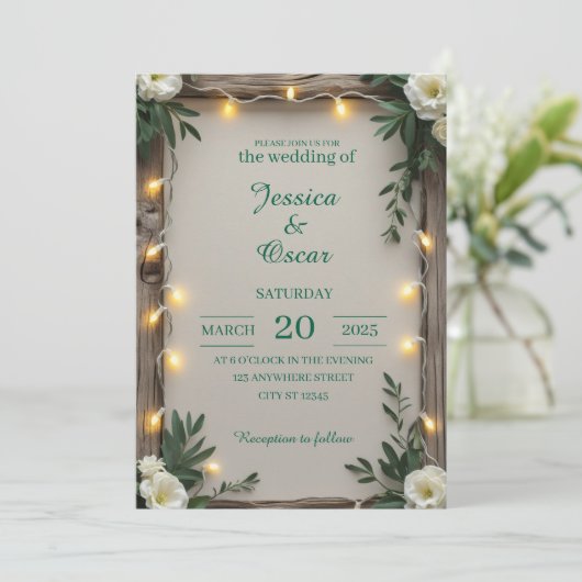 Rustieke Fairy Light Wedding Kaart (Staand voorkant)