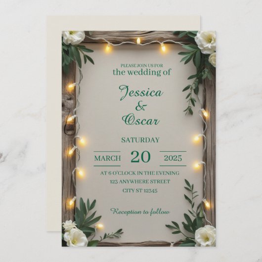 Rustieke Fairy Light Wedding Kaart (Voorkant / Achterkant)