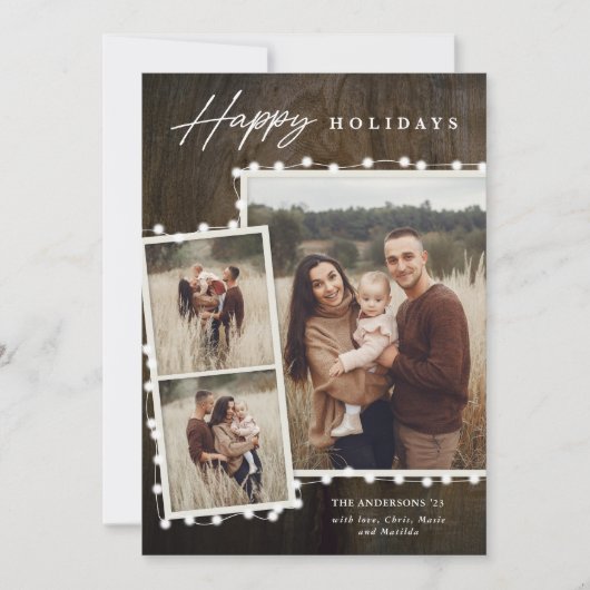 Rustieke Fairy Lights 3 Fotocollage Feestdagenkaart (Voorkant)