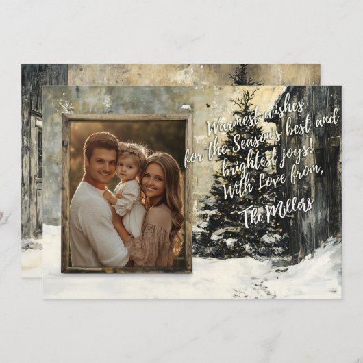 Rustieke familie kerst Kaart met Snowy Tree (Voorkant / Achterkant)