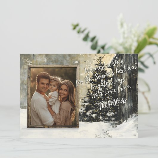 Rustieke familie kerst Kaart met Snowy Tree (Staand voorkant)