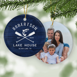 Rustieke Familie Lake House Marine Blauw Hout Foto Keramisch Ornament