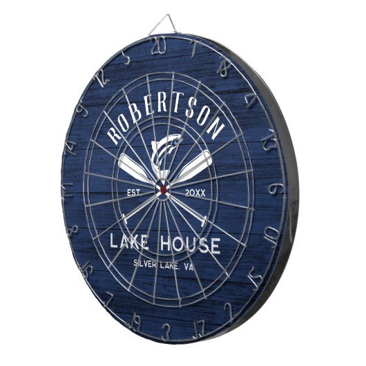 Rustieke familie Lake House Navy Blue Wood Dartbord (Voorkant Rechts)
