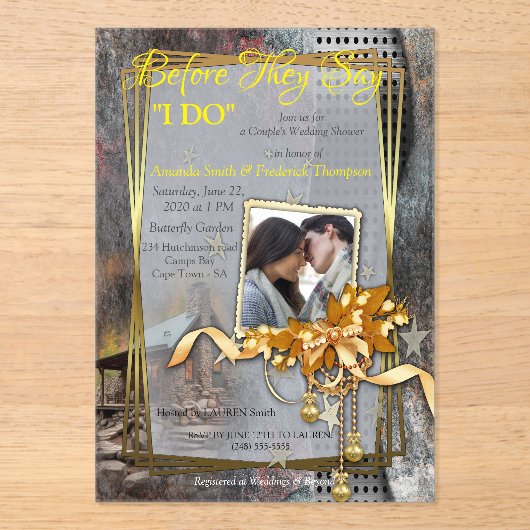 Rustieke familie Stone Cabin Acryl Uitnodigingen (Voorkant)