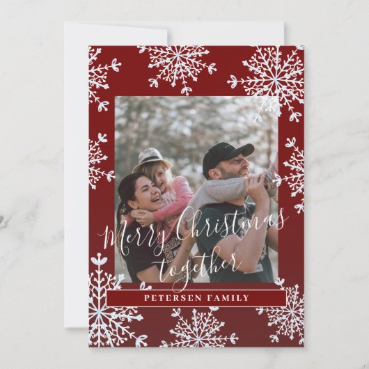 Rustieke familiefoto Vrolijk Kerstfeest samen rood Feestdagenkaart (Voorkant)