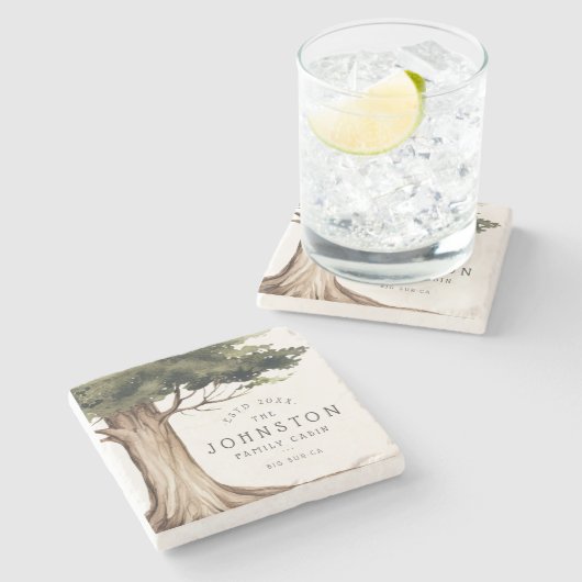 Rustieke familienaam Cabin Waterverf Bos Tree Stenen Onderzetter (Zijkant)