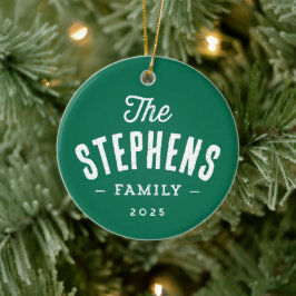 Rustieke familienaam eenvoudige groene foto Kerstm Keramisch Ornament