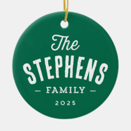 Rustieke familienaam eenvoudige groene foto Kerstm Keramisch Ornament