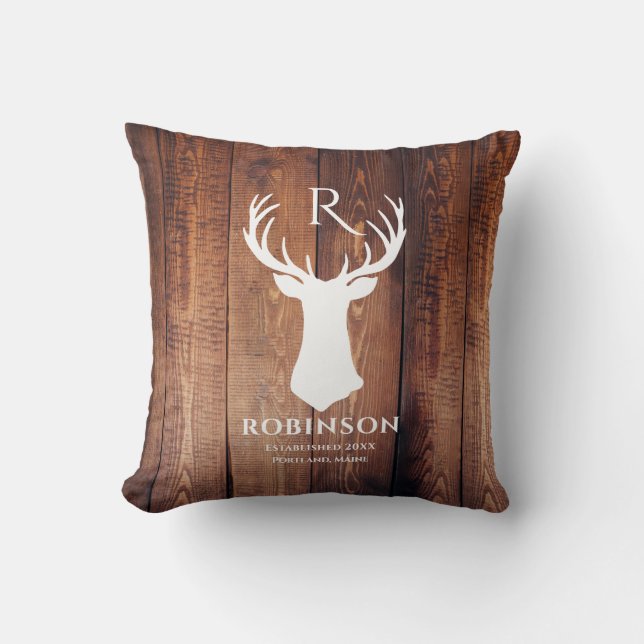 Rustieke familienaam monogram hout herten gewei kussen (Voorkant)