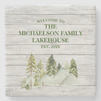 Rustieke familienaam Monogram Lake House Stenen Onderzetter