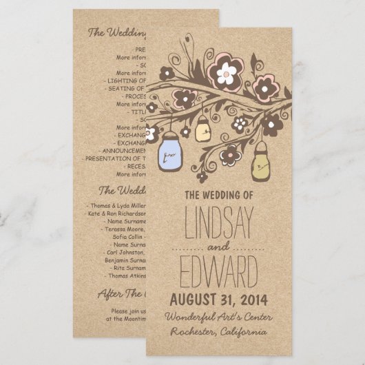 Rustieke fancy Bloemen Mason Jars Wedding Programm Programmakaart (Voorkant / Achterkant)