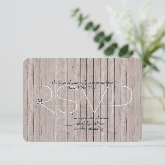 Rustieke Faux Bruin Hout Bruiloft RSVP Kaartje (Staand voorkant)