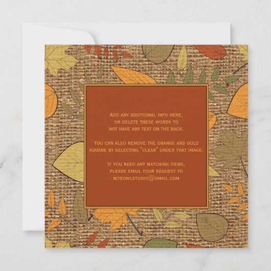 Rustieke FAUX Burlap & herfst bladeren bruiloft ui Kaart (Achterkant)