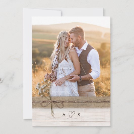 Rustieke Faux Burlap Hout Bloem Boho Foto Huwelijk Kaart (Achterkant)