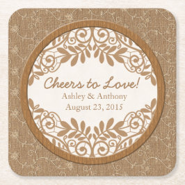 Rustieke Faux Burlap Lace Wood bruiloft gepersonal Kartonnen Onderzetters
