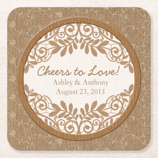 Rustieke Faux Burlap Lace Wood bruiloft gepersonal Kartonnen Onderzetters (Voorkant)
