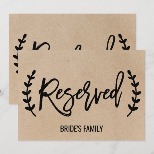 Rustieke Faux Kraft Calligraphy "Gereserveerd" Bor Kaart (Voorkant / Achterkant)