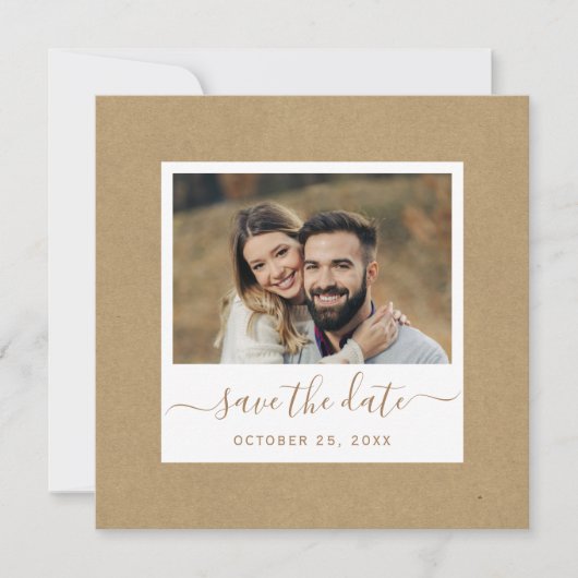 Rustieke Faux Kraft Papier Goud Bruiloft Foto Vier Save The Date (Voorkant)