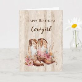 Rustieke Faux Wood Cowgirl Bloemenlaarzen Verjaard Kaart