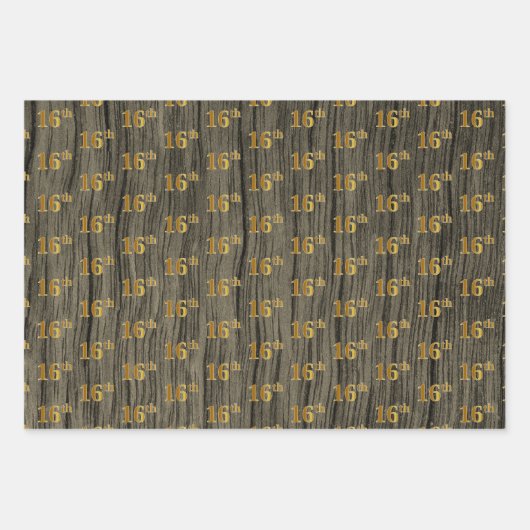 Rustieke Faux Wood Grain, Elegant Faux Gold "16th" Inpakpapier Vel (Voorkant)