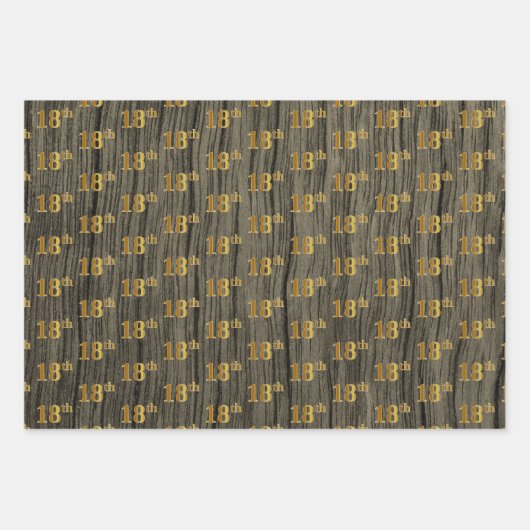 Rustieke Faux Wood Grain, Elegant Faux Gold "18th" Inpakpapier Vel (Voorkant 3)