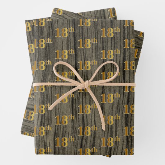 Rustieke Faux Wood Grain, Elegant Faux Gold "18th" Inpakpapier Vel (In situ)