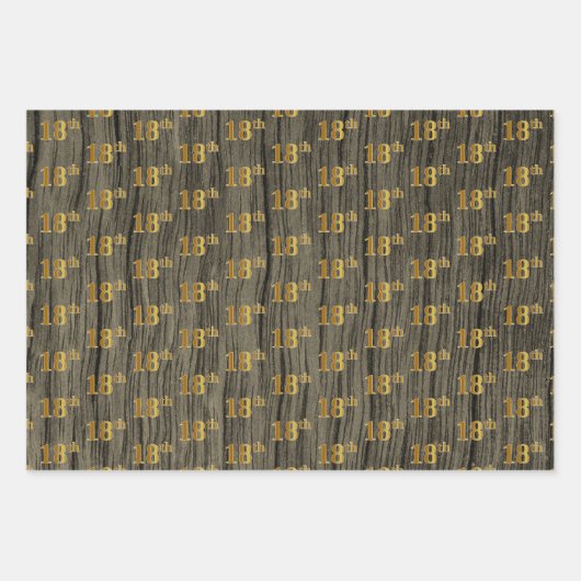 Rustieke Faux Wood Grain, Elegant Faux Gold "18th" Inpakpapier Vel (Voorkant)