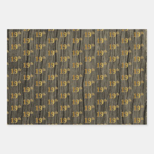 Rustieke Faux Wood Grain, Elegant Faux Gold "19th" Inpakpapier Vel (Voorkant 3)