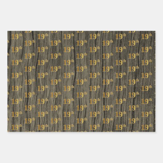 Rustieke Faux Wood Grain, Elegant Faux Gold "19th" Inpakpapier Vel (Voorkant)