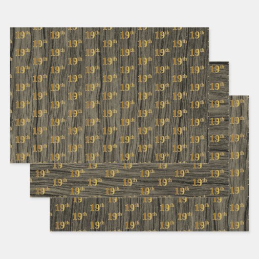 Rustieke Faux Wood Grain, Elegant Faux Gold "19th" Inpakpapier Vel (Set)