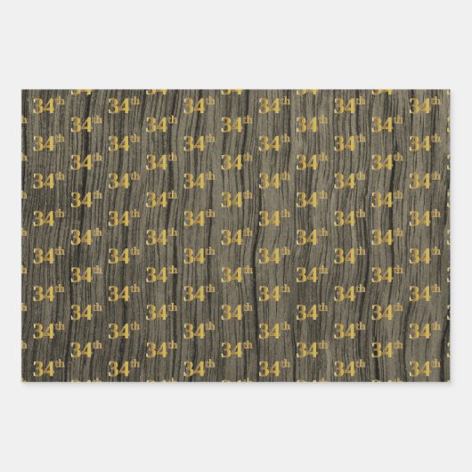 Rustieke Faux Wood Grain, Elegant Faux Gold "34th" Inpakpapier Vel (Voorkant 3)