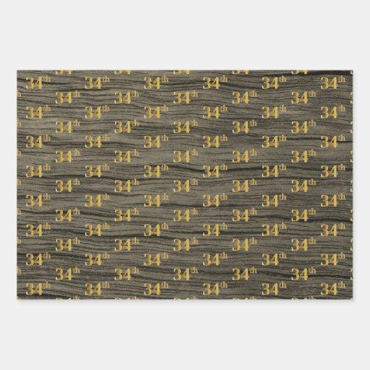 Rustieke Faux Wood Grain, Elegant Faux Gold "34th" Inpakpapier Vel (Voorkant 2)