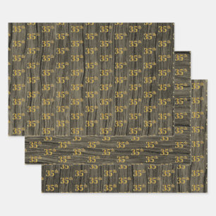 Rustieke Faux Wood Grain, Elegant Faux Gold "35th" Inpakpapier Vel