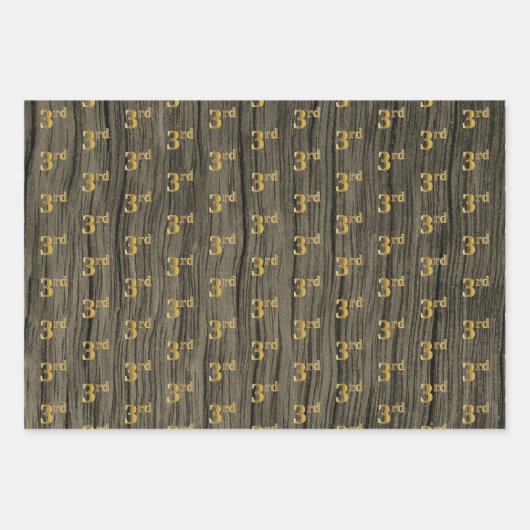 Rustieke Faux Wood Grain, Elegant Faux Gold "3rd" Inpakpapier Vel (Voorkant)