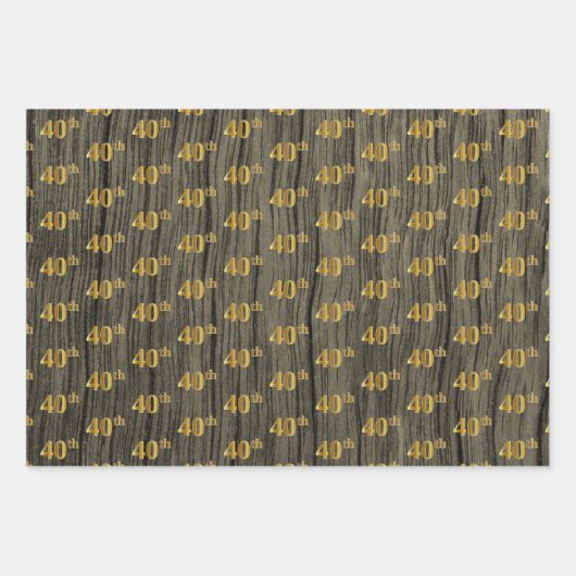 Rustieke Faux Wood Grain, Elegant Faux Gold "40th" Inpakpapier Vel (Voorkant 3)