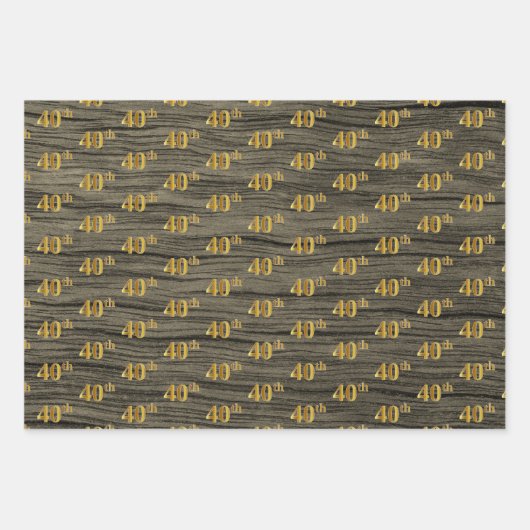 Rustieke Faux Wood Grain, Elegant Faux Gold "40th" Inpakpapier Vel (Voorkant 2)